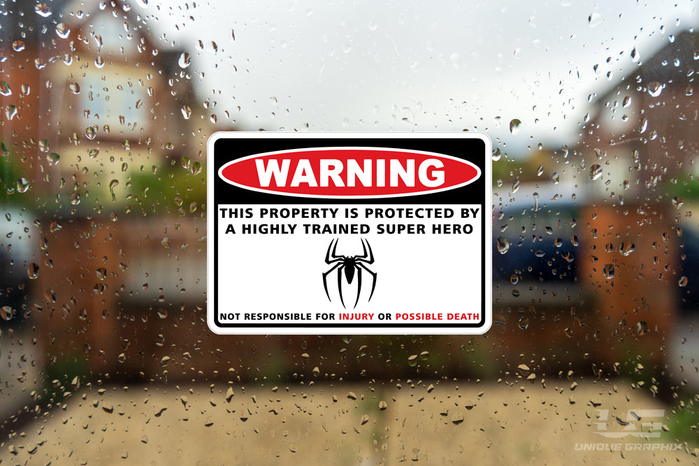 Warning Protected by Security Super Hero Decal Sticker Thick Rigid Vinyl Decal image 0