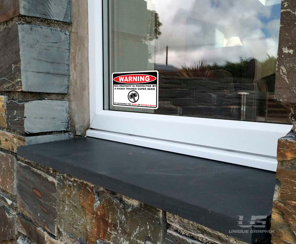 Warning Protected by Security Super Hero Decal Sticker Thick Rigid Vinyl Decal image 1