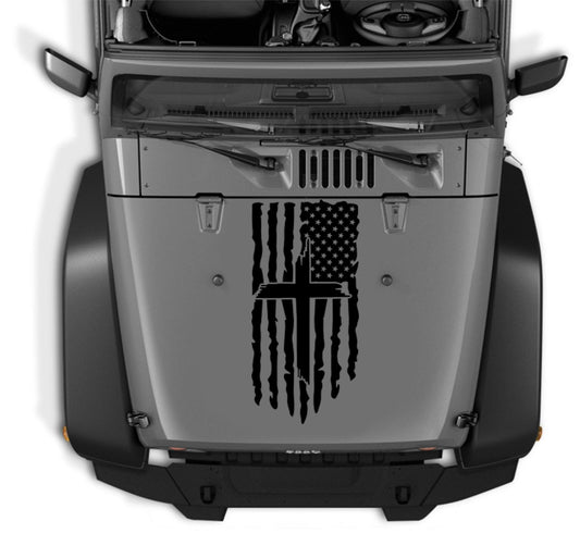 Distressed Flag Hood Decal with Cross Compatible with all Jeep Wranglers Cars Trucks