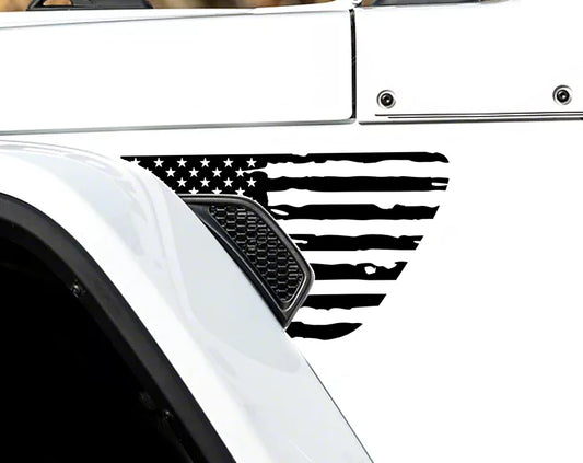 JL Fender Side Vinyl Decals Distressed Flag 1 Pair compatible with 2018-2023 Jeep Wrangler and Gladiator