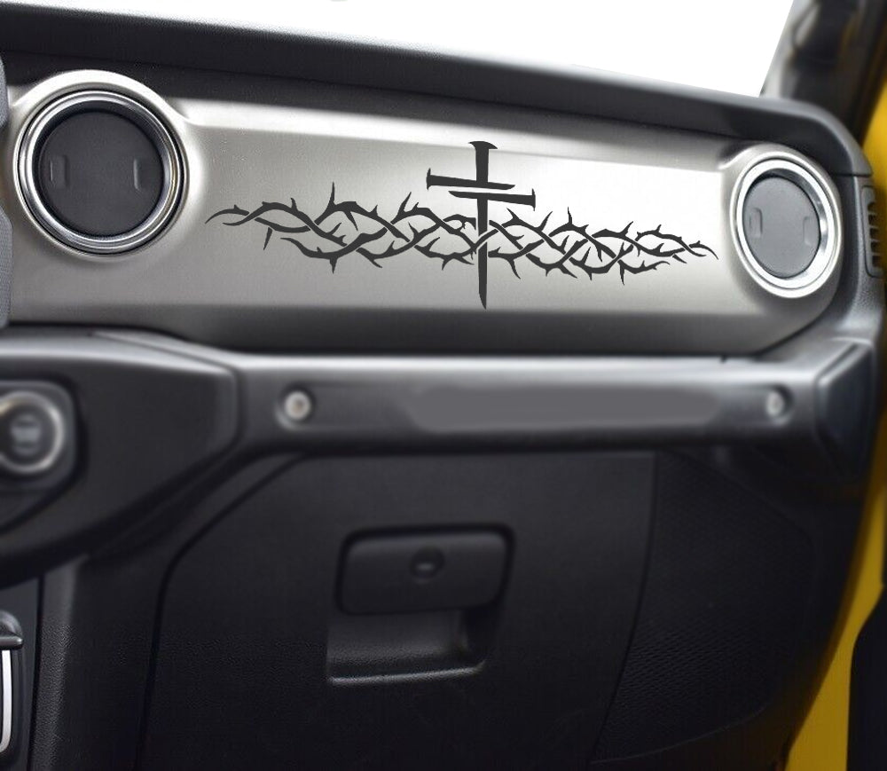 Jesus Cross Nails Thorn Dashboard Decal Sticker for Wrangler JL Gladiator JT 18-25 (Any Color)